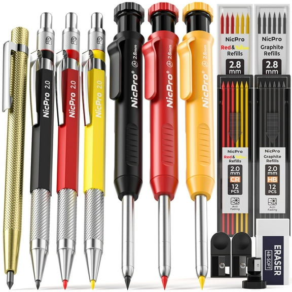 Nicpro 16 Pack Mechanical Carpenter Pencil Set with 42 Refill & Carbide Scribe Tool, Construction Pencils Heavy Duty Woodworking Pencils for Architect