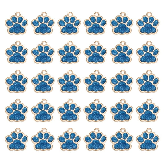 Uxcell Enamel Paw Print Charms, 50 Pcs Alloy Dog Cat Paw Charms Pendant Cute Animal Footprint Beads with Glitter Powder for DIY Jewelry Making Craft Necklace,(Gold Tone/Blue)