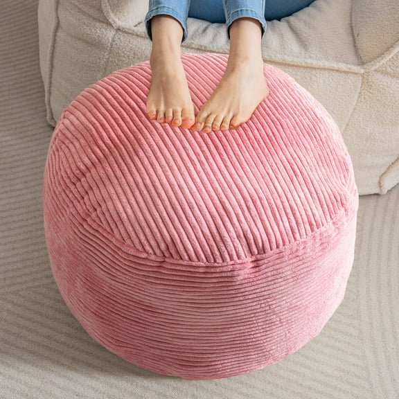 Round Corduroy Pouf Ottoman with Foam Filling, Fluffy Foot Stool Storage Seat for Living Room Bedroom Lounge, Soft Floor Pouf Footrest, Pink