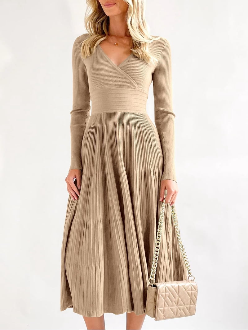 knee length knitted dress Popoship Long Sleeve Autumn Winter Women V-neck Slim Fit Knit Knee-length Maxi Dress, Women's, Size: XS wedding guest dresses orange