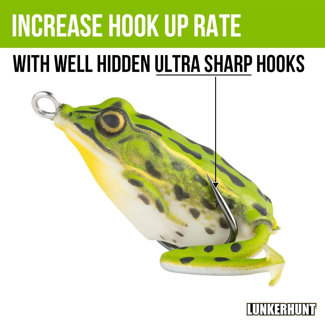 (2 pack) LUNKERHUNT Frog Lure for Bass Fishing | Pocket Frog Lure 1.75 Inch | Topwater Fishing Lures with Weedless Hooks for Trout, Pike in Saltwater and Fresh water