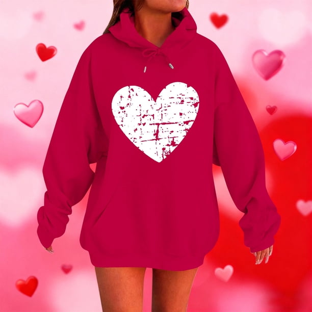 RKSTN Valentine's Day Hoodie for Women Oversized Valentines Heart Print Drawstring Hooded Sweatshirt Top Womens Casual Solid Plus Size Graphic Printed Loose Comfy Hood Fall Spring Clothes