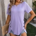 thumbnail image 3 of Olyvenn 2025 Summer New Women's Round Neck Jacquard Tops Irregular Hem Blouse Short Sleeve Buttons Casual T-shirt Purple XL, 3 of 7