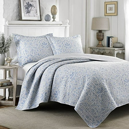 - Laura Ashley Mia Pebble Blue/ Grey Reversible Cotton 3-piece Quilt Set
