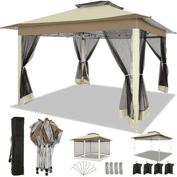 COBIZI 12x12 Pop Up Gazebo On Clearance - Upgrade Easy Up Metal Outdoor Canopy Waterproof - Portable Gazebo with Mosquito Nettings, 4 Ropes 8 Stakes and Carry Bag for Patio Garden(Beige)