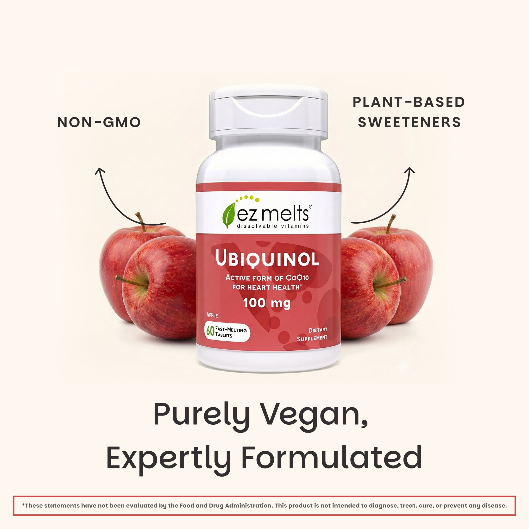 EZ Melts Ubiquinol 100 mg - CoQ10 Supplement for Heart Health & Energy Support - Antioxidant Protection - No Artificial Flavors - Non-GMO & Vegan - Apple - 60 Dissolvable Tablets (60 Servings)