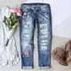 thumbnail image 1 of WILLBEST Pantalones Mujer Pantalones Vaqueros Rotos Con Estampado de Pascua para Mujer, Informales, de Cintura Alta, Elásticos, Cómodos, Ajustados, a La Moda y Desgastados. Mediana, 1 of 5