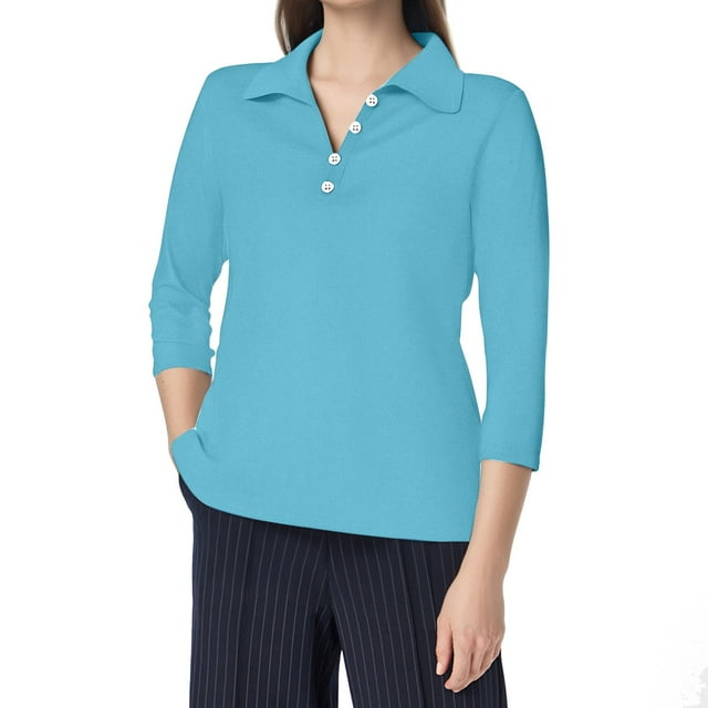 Camisa informal de mujer con cuello en V, botones y manga tres cuartos de color liso - Poliéster y spandex - Top para el trabajo o las fiestas - S-XXXL