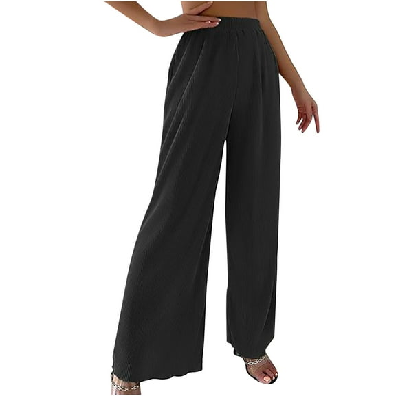 Owordtank Womens Solid Color Cotton Linen Elastic Summer Wide Leg Casual Pants Trouser