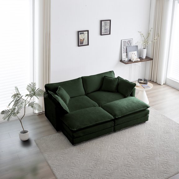 Hitop 4 - Piece Upholstered Sectional Sofa, 1 - Piece of 2 Seater Sofa and 2- Piece of Ottomans , 2 Seater Loveseat Lounge with Ottomans , Green Chenille