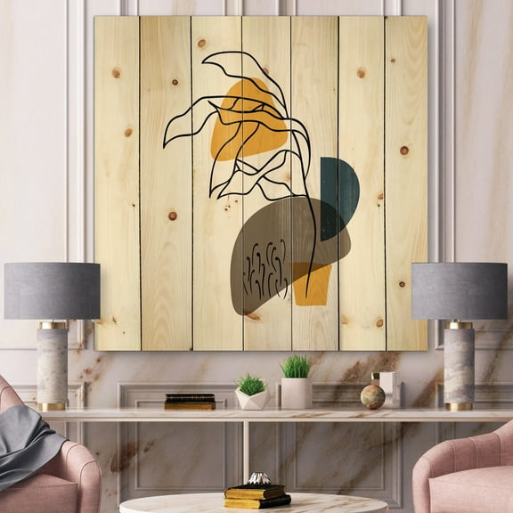 Designart 'Abstract Minimal Shapes Under Flowers V' Modern Print on Natural Pine Wood