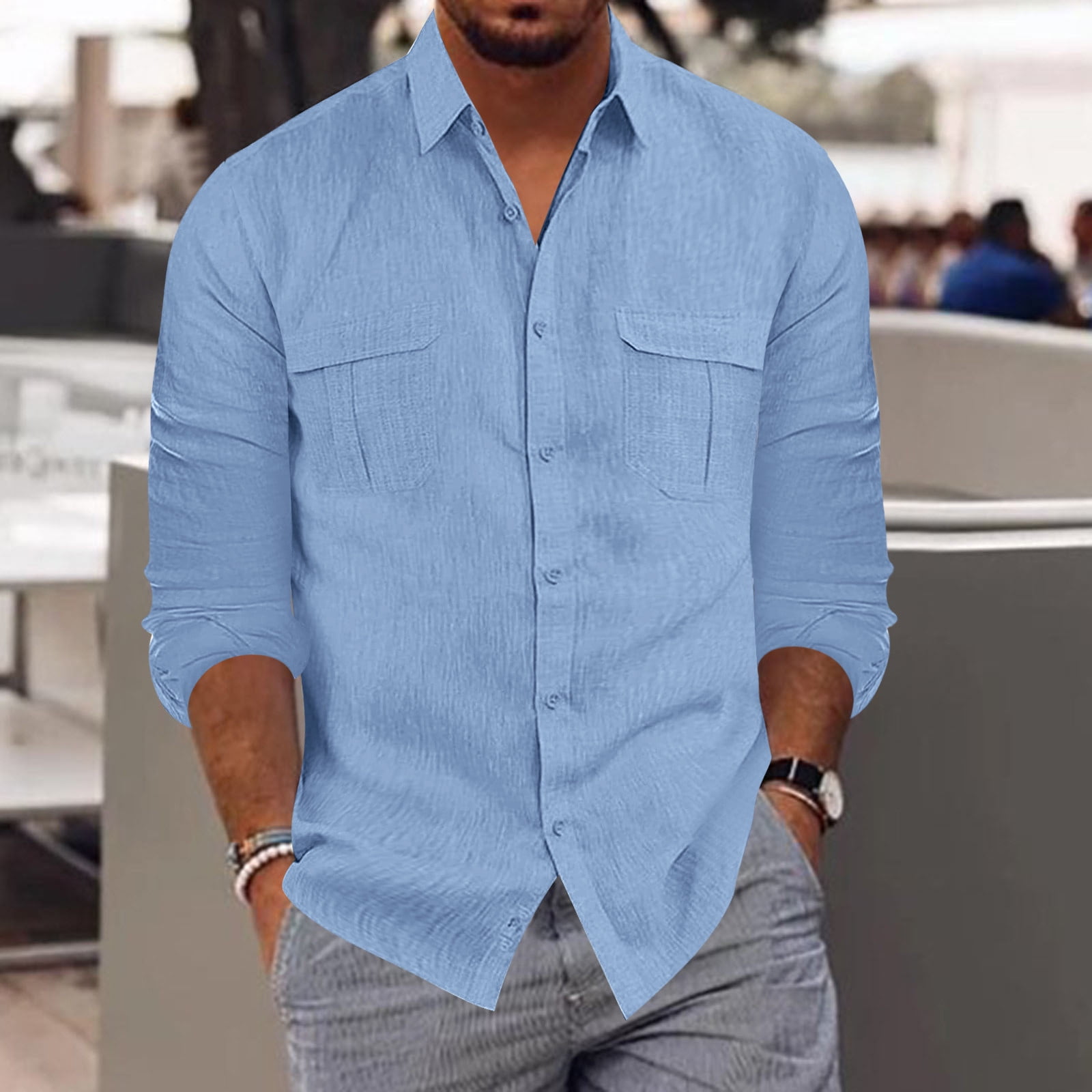 Blue Golf Shirts For Men Mens Fashion Casual Button Lapel Cotton Solid  Color Pocket Long Sleeve Shirt Top