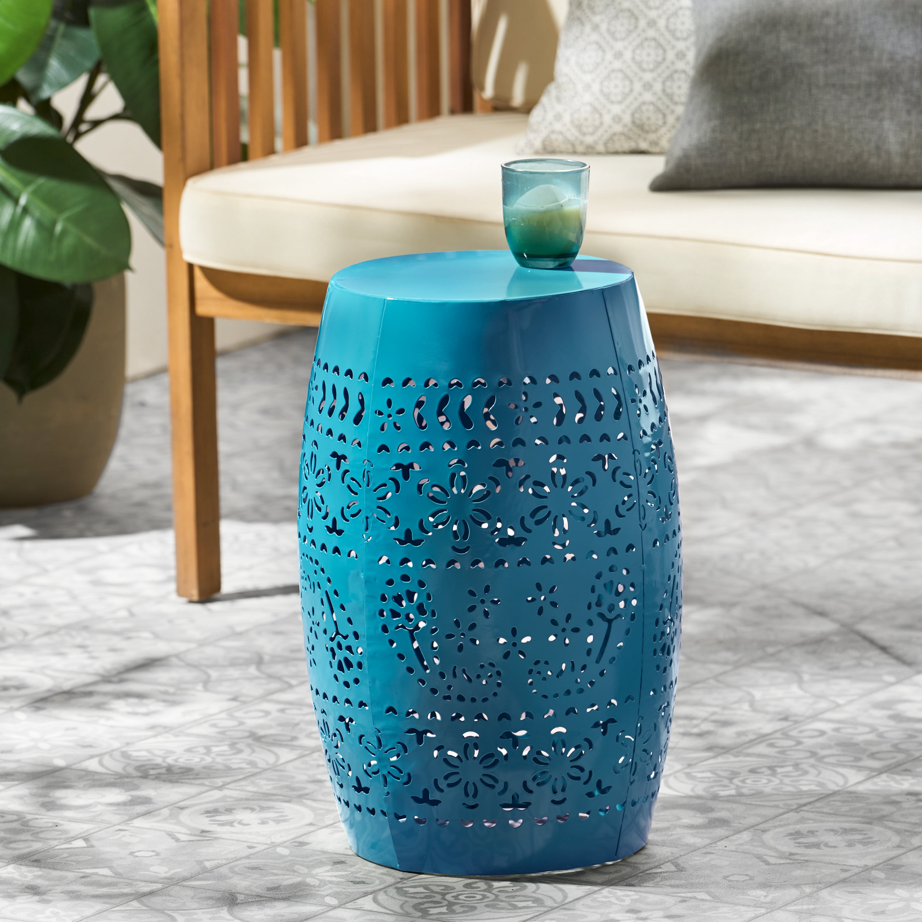 Lace Cut Metal Side Table, Outdoor End Table for Patio Balcony Garden, Blue
