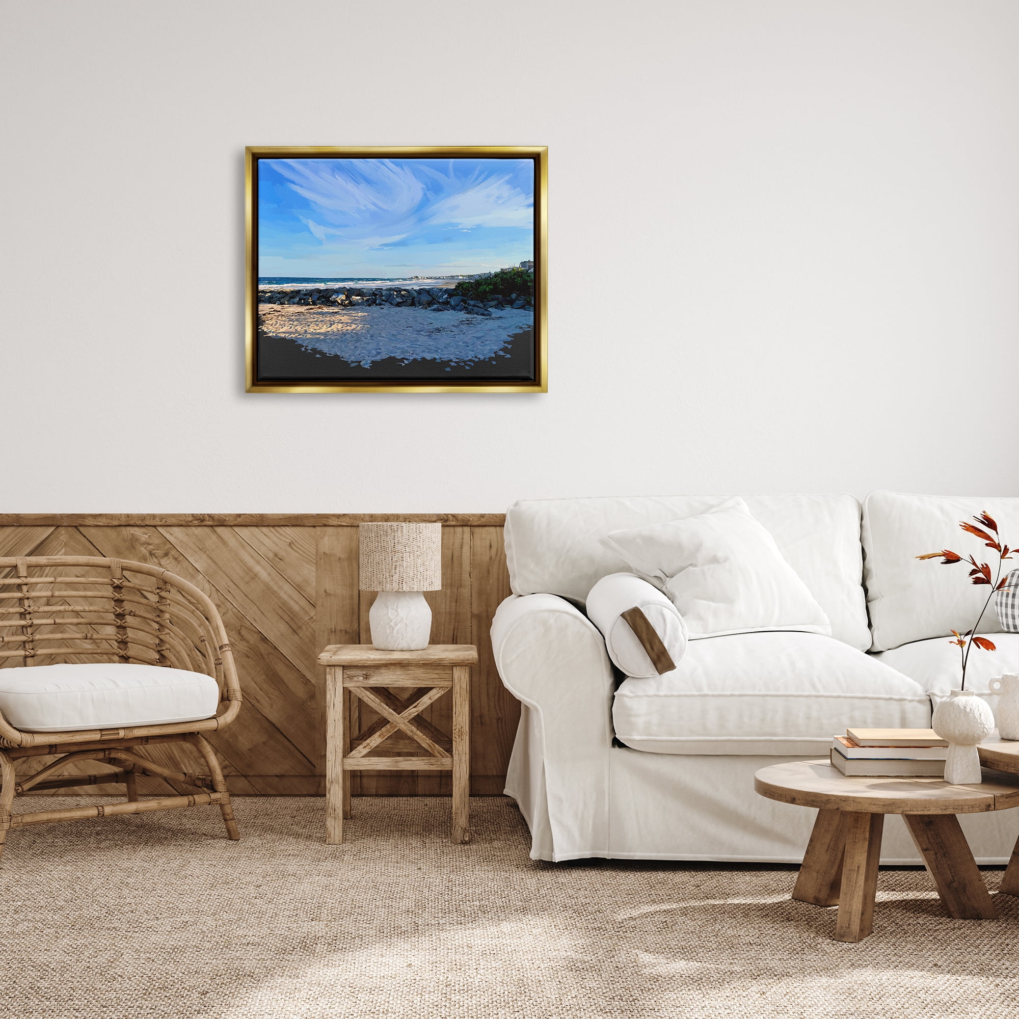 Stupell Rocky Beach Coast Horizon Sky Landscape Painting Gold Floater Framed Art Print Wall Art