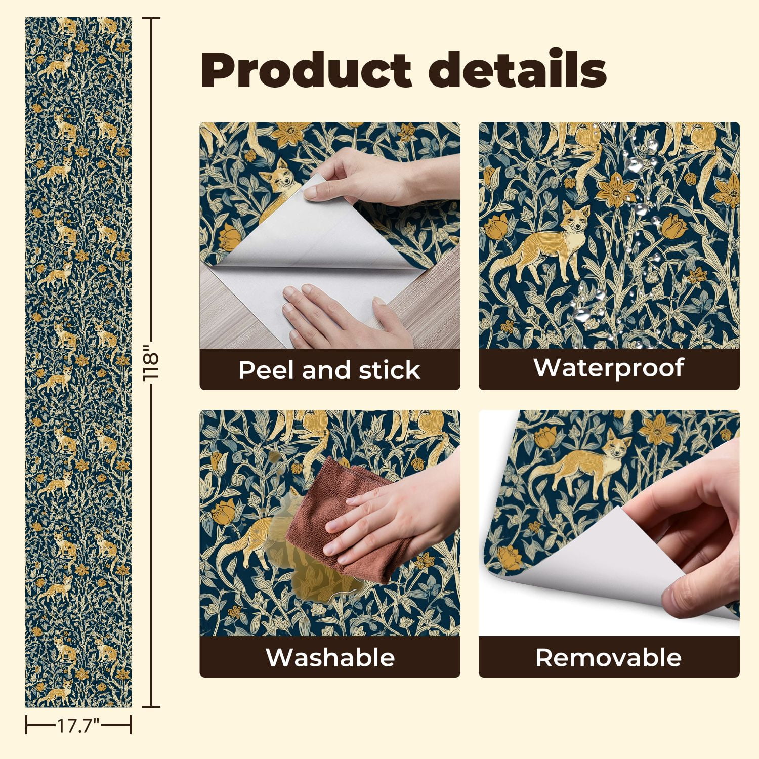 Hunt Peel and Stick Wallpaper 17.7in x 9.8ft Foxes Yellow Flowers Botanical Dark Blue Contact Paper Vinyl Waterproof Self Adhesive Wall Paper for Bedroom Shelf Cabinet Renter Friendly