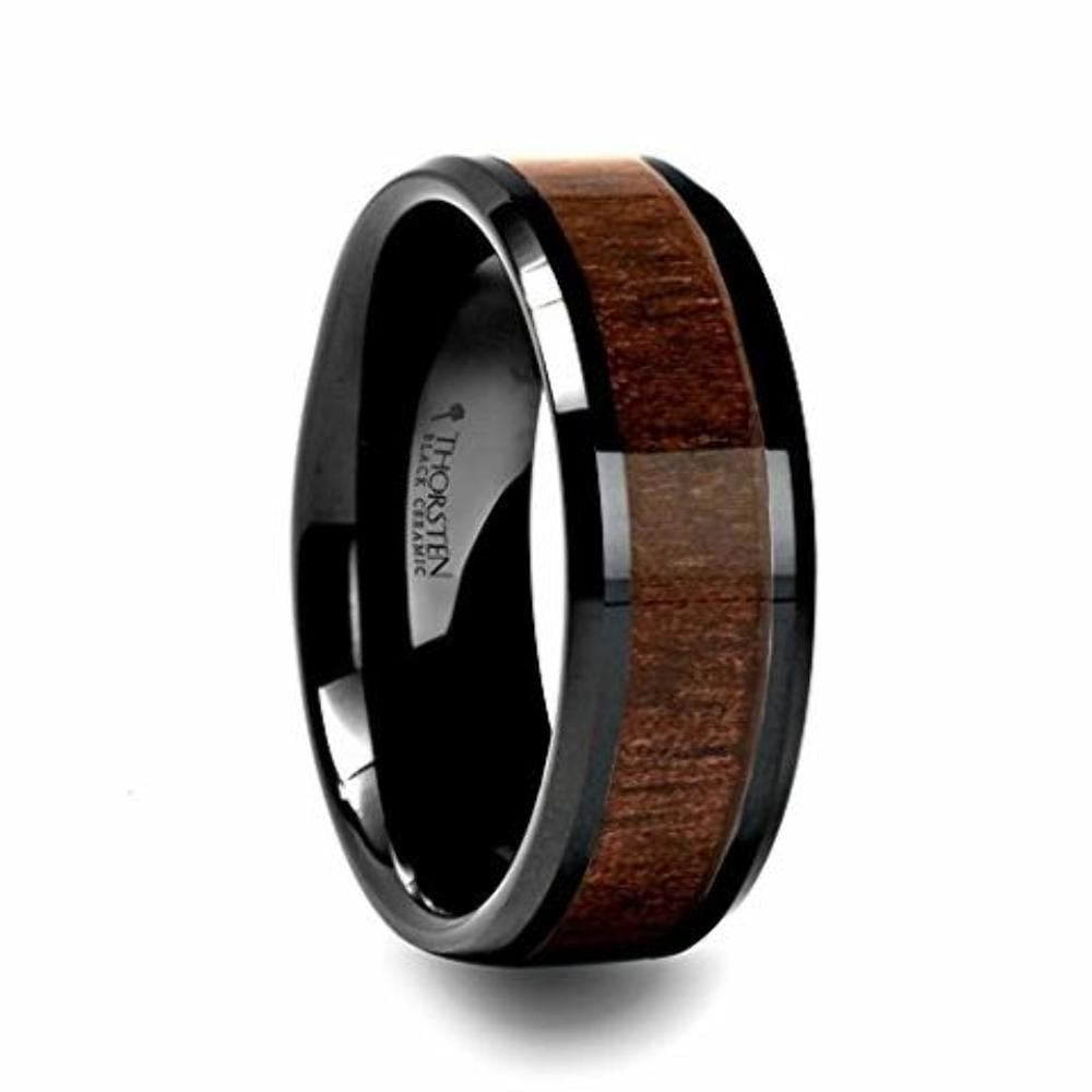 Thorsten Yukon Black Ceramic Ring with Black Walnut Wood Inlay Beveled Edges 10mm Width Custom Personalized Inside Engraved from Roy Rose Jewelry