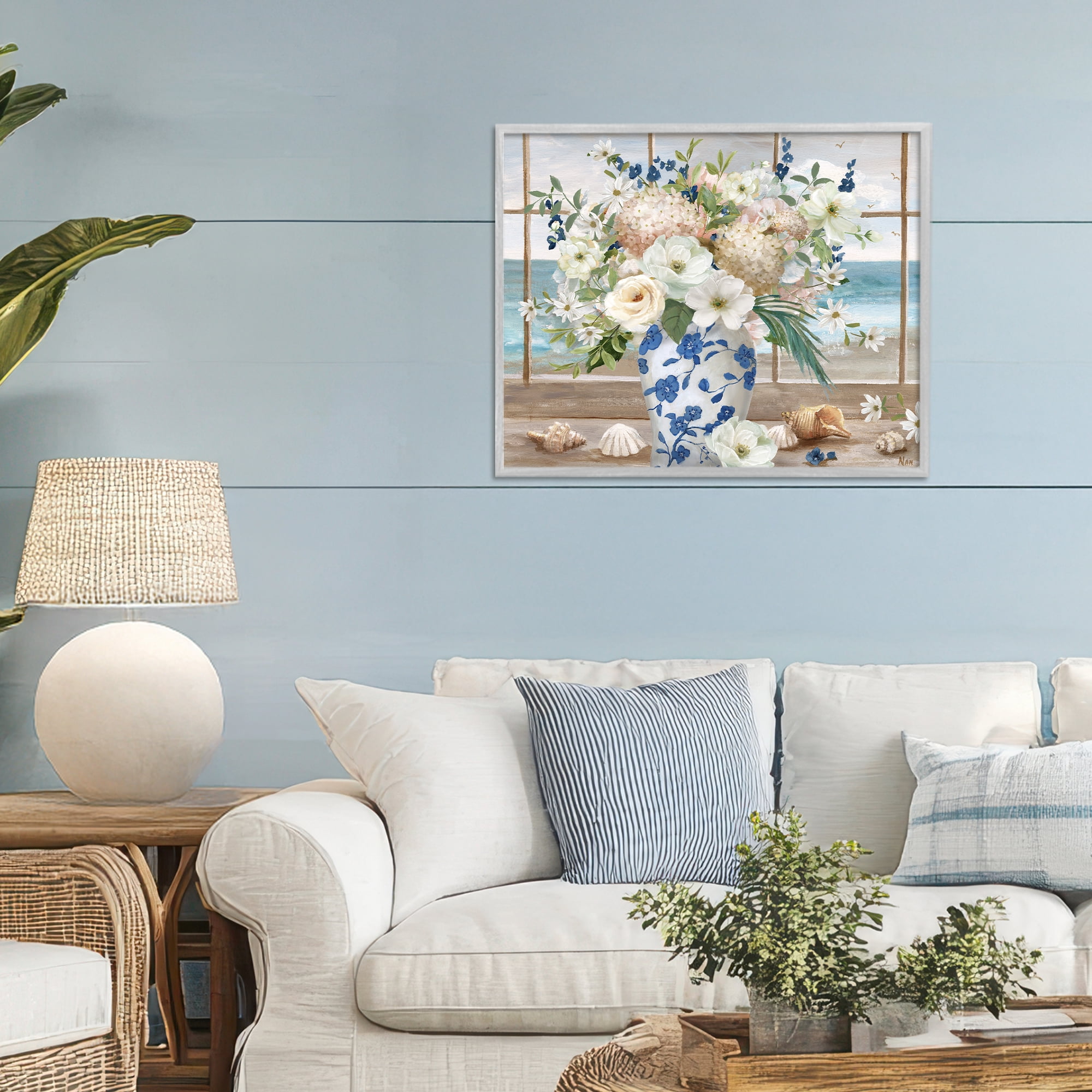 Stupell Industries Seashells & Flowers Windowsill Gray Framed Giclee Art, design by Nan