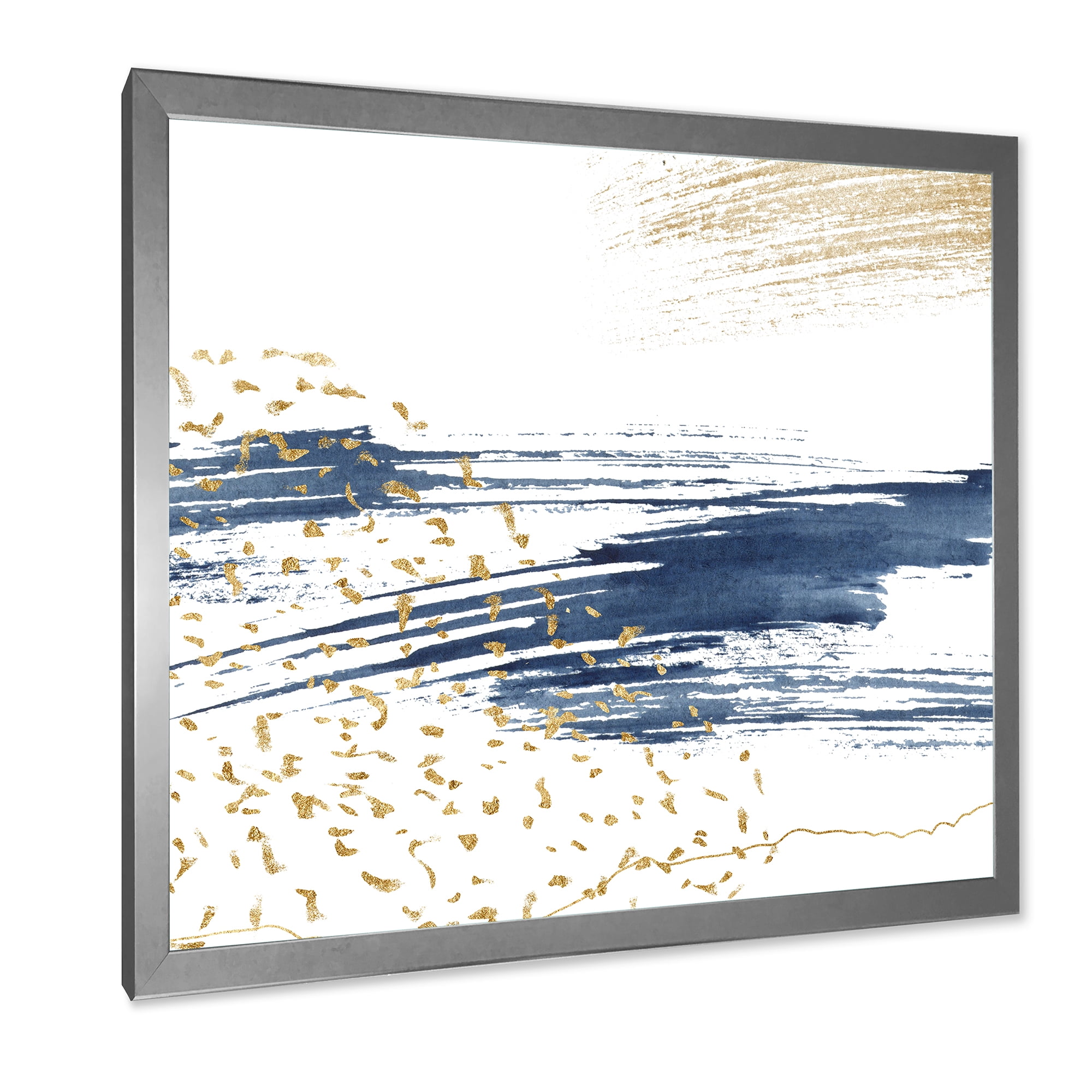 Designart 'Gold and Dark Blue and Abstract I' Modern Framed Art Print