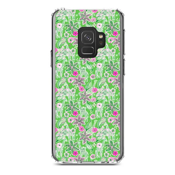 DistinctInk Clear Shockproof Hybrid Case for Samsung Galaxy S9 (5.8" Screen) - TPU Bumper, Acrylic Back, Tempered Glass Screen Protector - Preppy Pattern - Pink & Green Flowers Floral