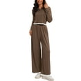 thumbnail image 2 of ATHLECHIC Two Piece Sets for Women Ribbed Knit Tracksuit Half Button Cropped Hoodie Wide Leg Pants Casual Lounge Sets L Coffee, 2 of 4