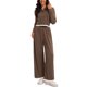 thumbnail image 2 of Conjuntos de dos piezas ATHLECHIC para mujeres, sudadera recortada de punto acanalado con medio botón y pantalones de pierna ancha, conjuntos de lounge casuales S Coffee, 2 of 4