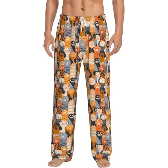 Naloa Cat Paws Print Pajama Pants Men, PJ Bottoms, Sleep & Lounge Pants-Medium