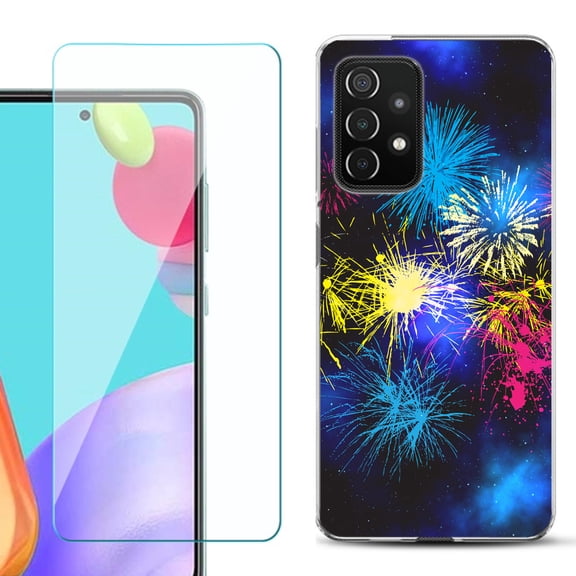 Slim-Fit Flexible Gel TPU Phone Case compatible with Samsung Galaxy A52 5G, with Tempered Glass Screen Protector, by OneToughShield ® - Fireworks