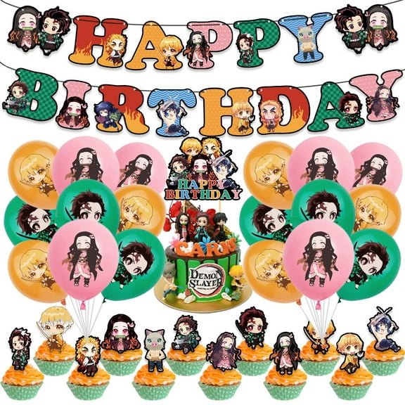Demon Slayer Theme Birthday Party Decor Supplies Kits, Including Banner, Balloons, Cake Toppers, Cupcake Toppers.