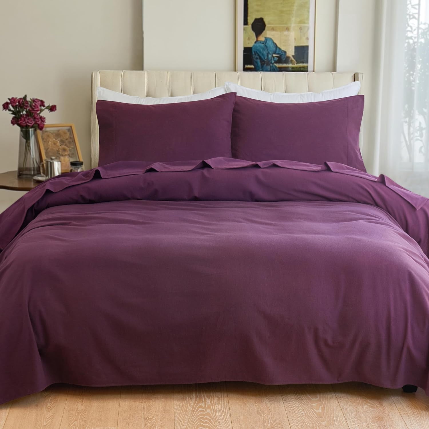 Elegant Comfort Soft 4-Piece Cotton Flannel Sheet Set -Deep Pocket Fitted Sheet, Flannel Sheets - Twin, Purple