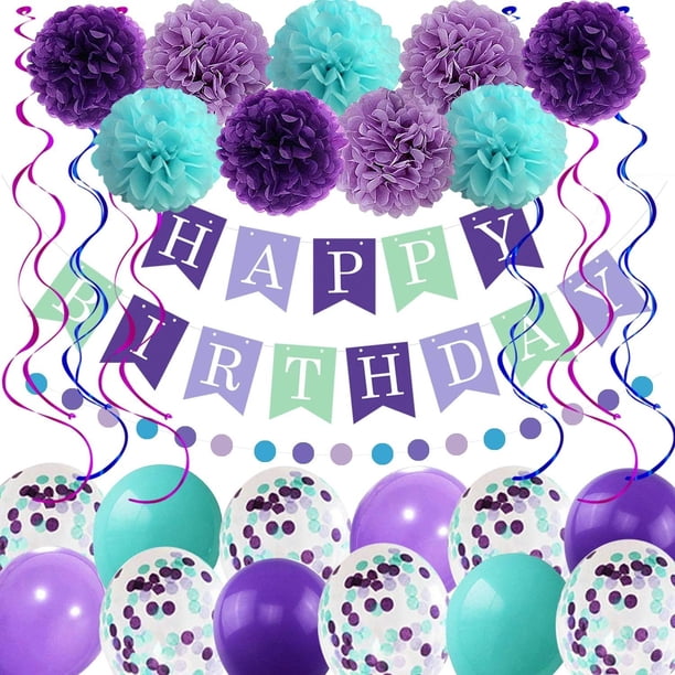 Decoraciones de cumpleaños de sirena para niñas y mujeres, 29 piezas de suministros para fiestas de cumpleaños, incluidas flores, pancarta de feliz cumpleaños, guirnalda de puntos, remolinos