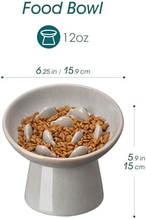 Ceramic Slow Feeder Cat Bowl, 6.25 Inch Elevated Cat Slow Feeder Bowl, Anti Vomiting for Dry and Wet Food, Grey