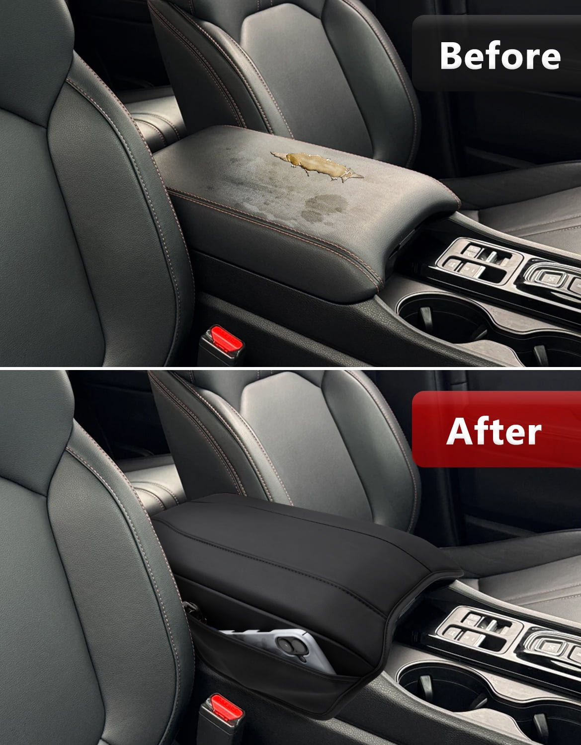 KBH Center Console Cover for 2023-2026 Honda Pilot Accessorie, 2024 2025 2026 Honda Ridgeline/Passport Armrest Cover with Side Pockets, Black Leather Middle Console Lid Protector