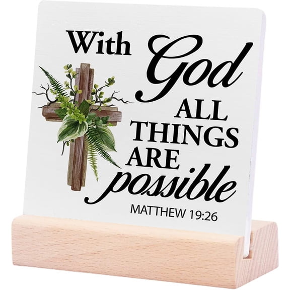 Ceramic Sign 4x4Inch Christian Sign Inspirational With God All Things Bible Verse Ceramic Plaque Sign Matthew 1926 Scripture Desk Decorative Wooden Sign Home Office Decor For Desk Table Shelf