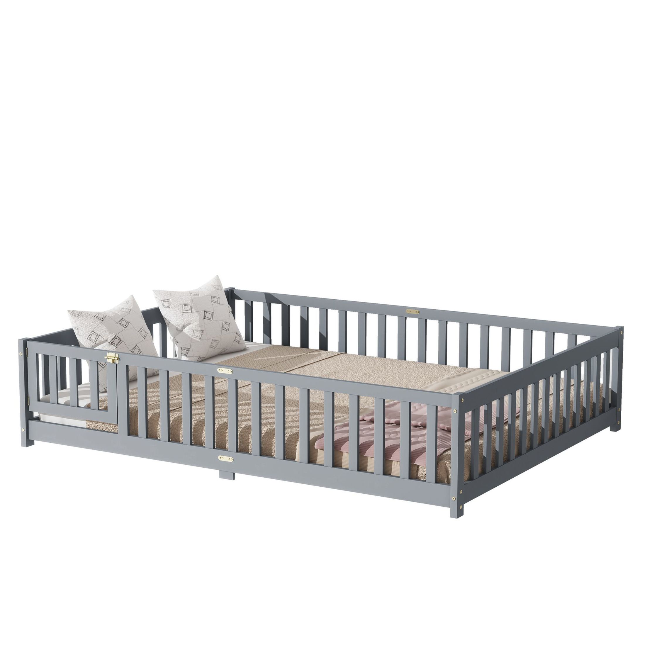 Noble House Queen Size Floor Bed, Solid Rubber Wood Frame with Fence, Door, Guardrails & Slat Support, Grey