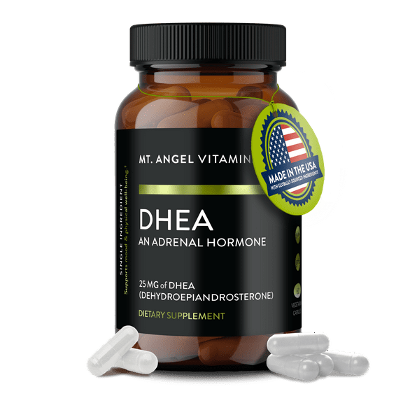 Mt. Angel Vitamins’ DHEA 25mg - Micronized, 99%+ Pure Vegan DHEA Supplement for Hormone Balance, Energy & Healthy Aging - Highly Bioavailable, Gluten-Free, Soy-Free, Non-GMO | 60 Capsules