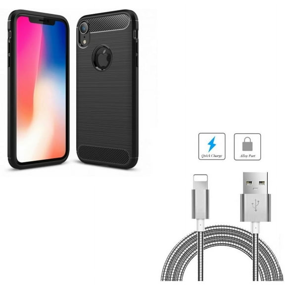 Case w Metal USB Cable for iPhone XR - Carbon Fiber Slim Fit Cover Reinforced Bumper Shock Absorbent, 3ft Charger Cord Power Wire Sync Compatible With iPhone XR
