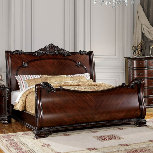 Formal Traditional Elegant Carved Sleigh Bed Brown Cherry Solid wood Queen Size Bed Bedroom Furniture 1pc Bed Intricate Carving