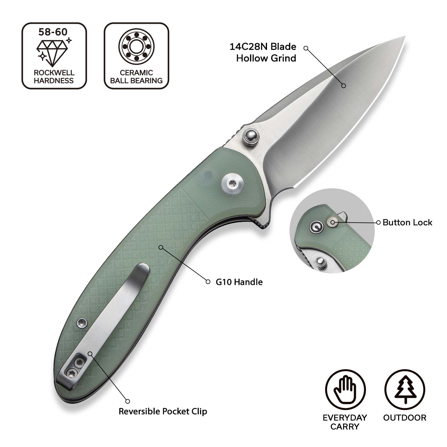 CIVIVI Faeger Pocket Folding Knife with 2.98" 14C28N Blade and Milled White and Black Layered G10 Handle C24031-3