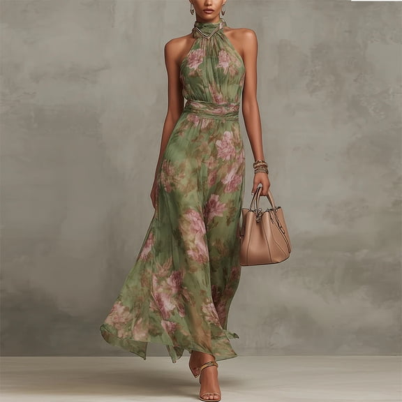 2026 Summer New Women's Olive Green Floral Halter Neck Maxi Dress Flowy Wedding Guest Evening Party Long Dress