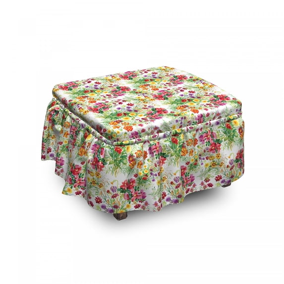 Garden Art Ottoman Cover, Watercolor Peony, 2 Piece Slipcover Set with Ruffle Skirt for Square Round Cube Footstool Decorative Home Accent, Standard Size, Multicolor, by Ambesonne