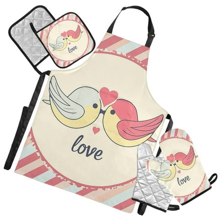 Cute Lovebirds 5 Pcs Kitchen Set Heat Resistant Oven Mitts and Non-Slip Pot Holders with Adjustable Cooking Apron