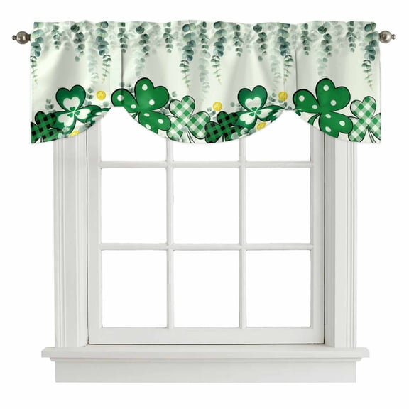 St. Patrick's Day Tie Up Valance Curtains for Windows, Kitchen Curtains Window Treatments, Green Shamrocks Leaf Polka Dots Short Window Shades Valances for Bedroom Bathroom Cafe 42"x12"