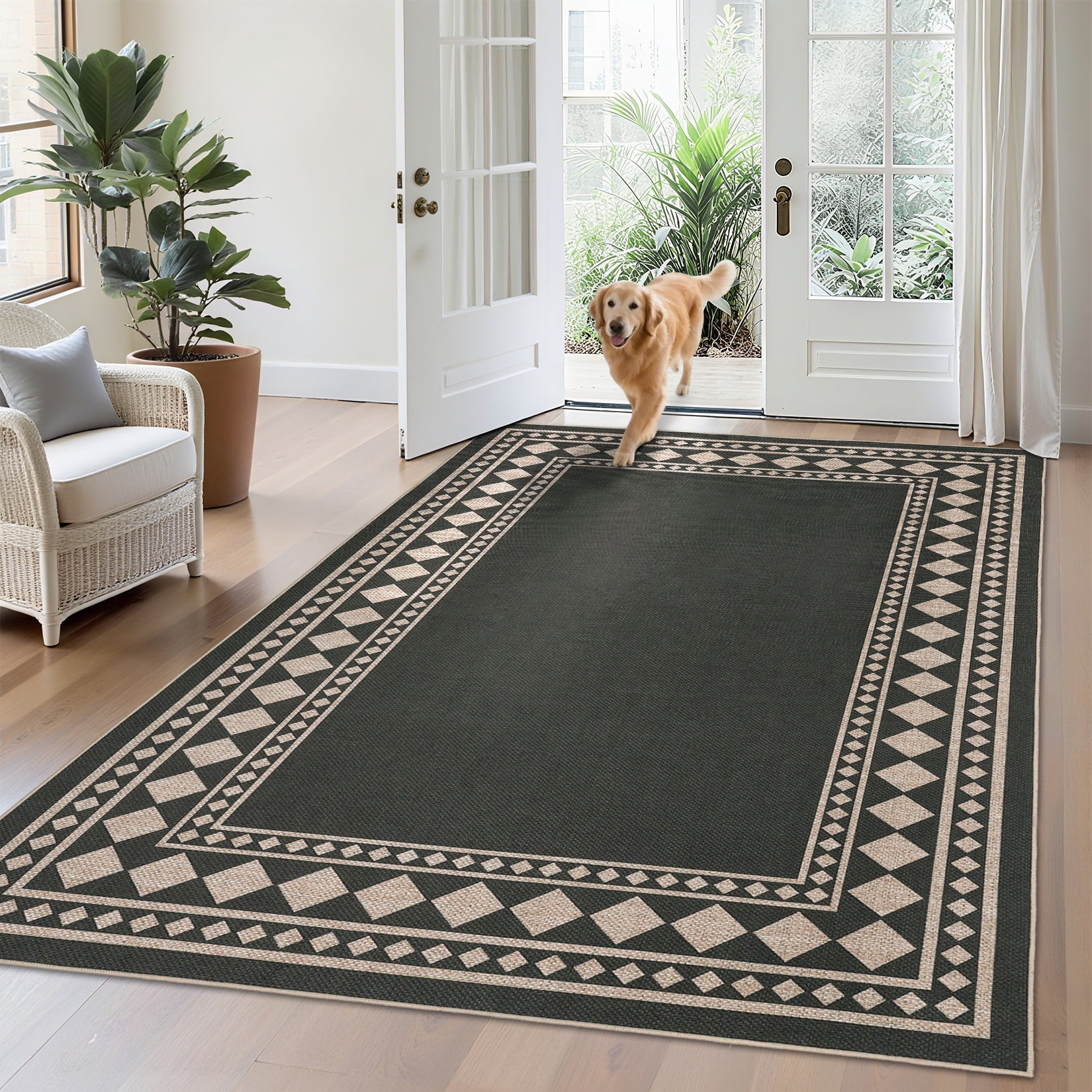 Haperlare 5'x7' Washable Easy Jute Rugs Modern Bordered Carpet, Geometric Indoor Outdoor Rug Non Slip Low Pile Floor Mat for Living Room Bedroom Patio, Black