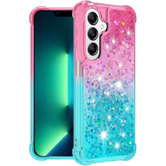 Glitter Telephone Case for Samsung A15 5g Case Clear Silicone for Women Girls, Cute Gold Cover Samsung Galaxy A15 5g Case Shockproof Aesthetic Durable Bumpers (Pink-Green)