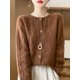 thumbnail image 1 of Cárdigan de lana con cuello redondo para mujer, suéter de cachemira para otoño e invierno, suéter de punto con cable, suéter de manga larga calado, 100 % lana merino de punto, 1 of 5