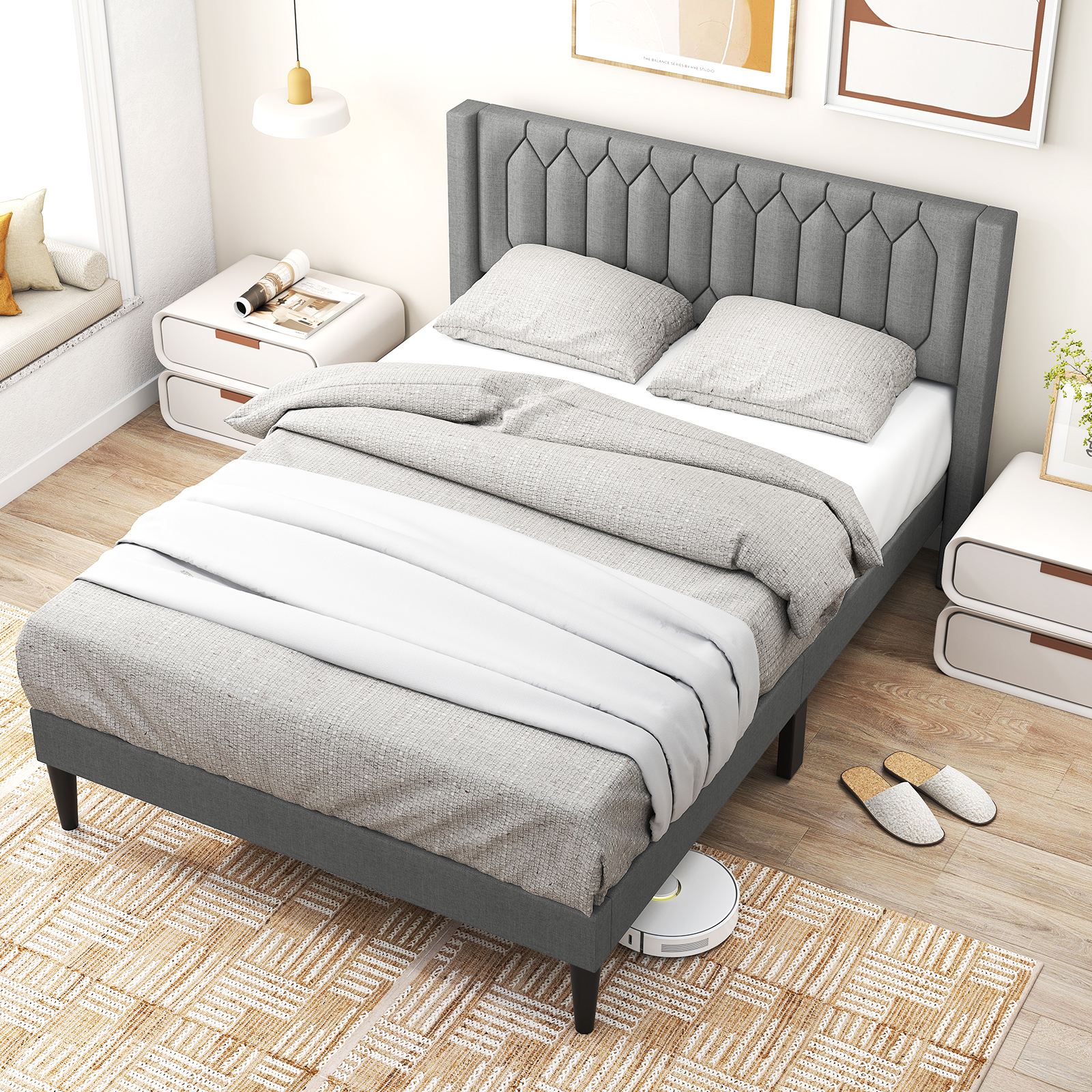 Gymax Queen Size Bed Frame Linen Fabric Upholstered Platform Bed w/Wingback Headboard Gray