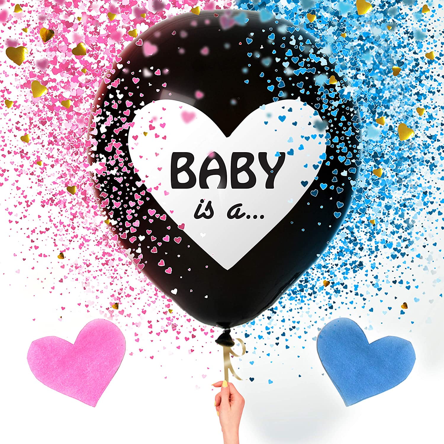 Goodwill 36' Baby Gender Reveal Balloons | Pink and Blue Heart Confetti Pack for Boys or Girls Large Black Balloons | Baby Shower Gender Reveal Party Supplies Decoration Kit