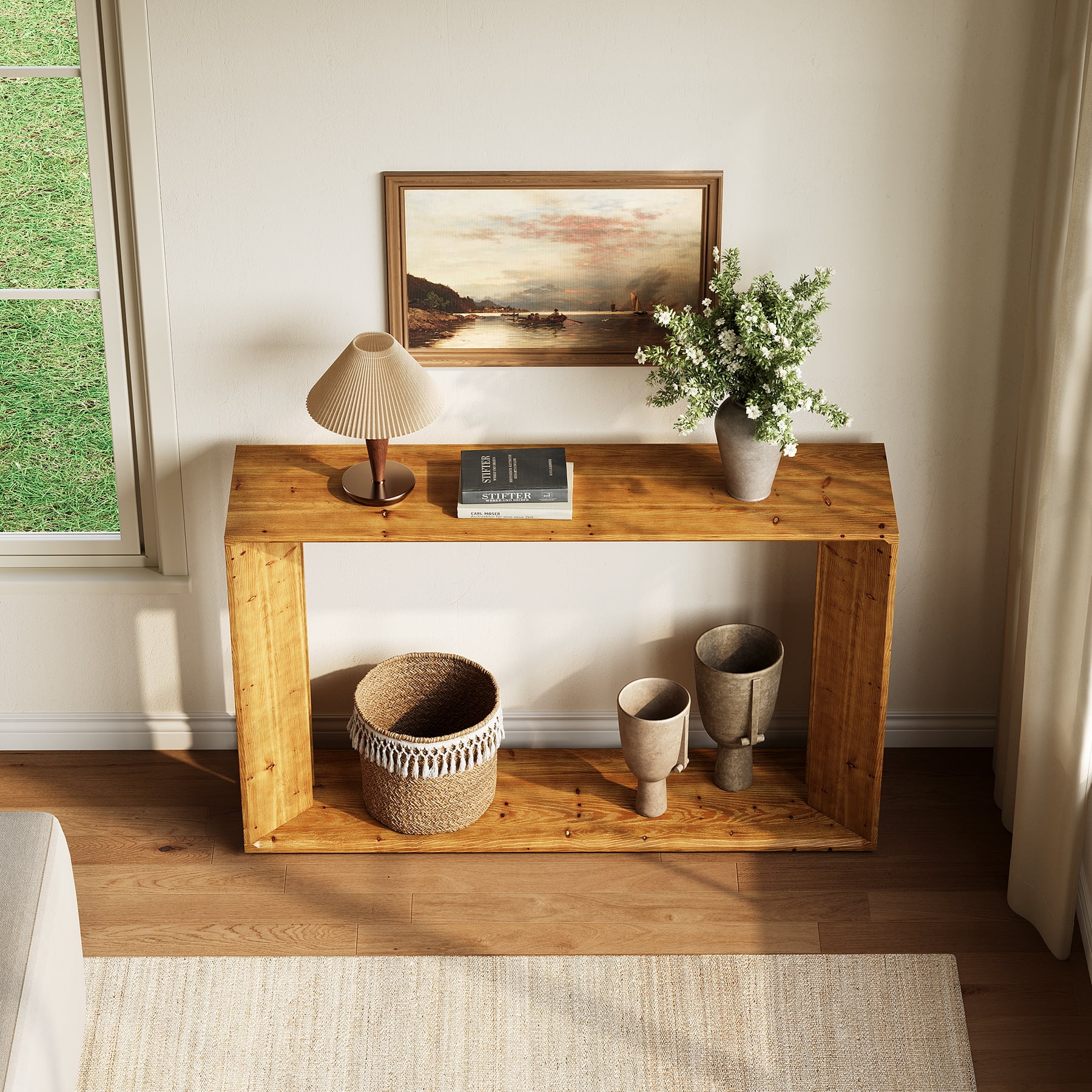 Finmind 2-Tier Solid Wood Console Table, 55 Inch Farmhouse Entryway Table Indoor for Foyer, Hallway, Brown