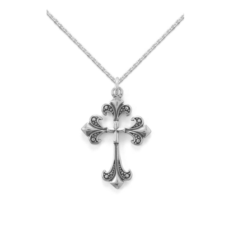 Fleur-De-Lis Cross Pendant with Fancy Bead Design Antiqued Sterling Silver Fleur-De-Lis Cross Pendant with Fancy Bead Design Antiqued Sterling Silver