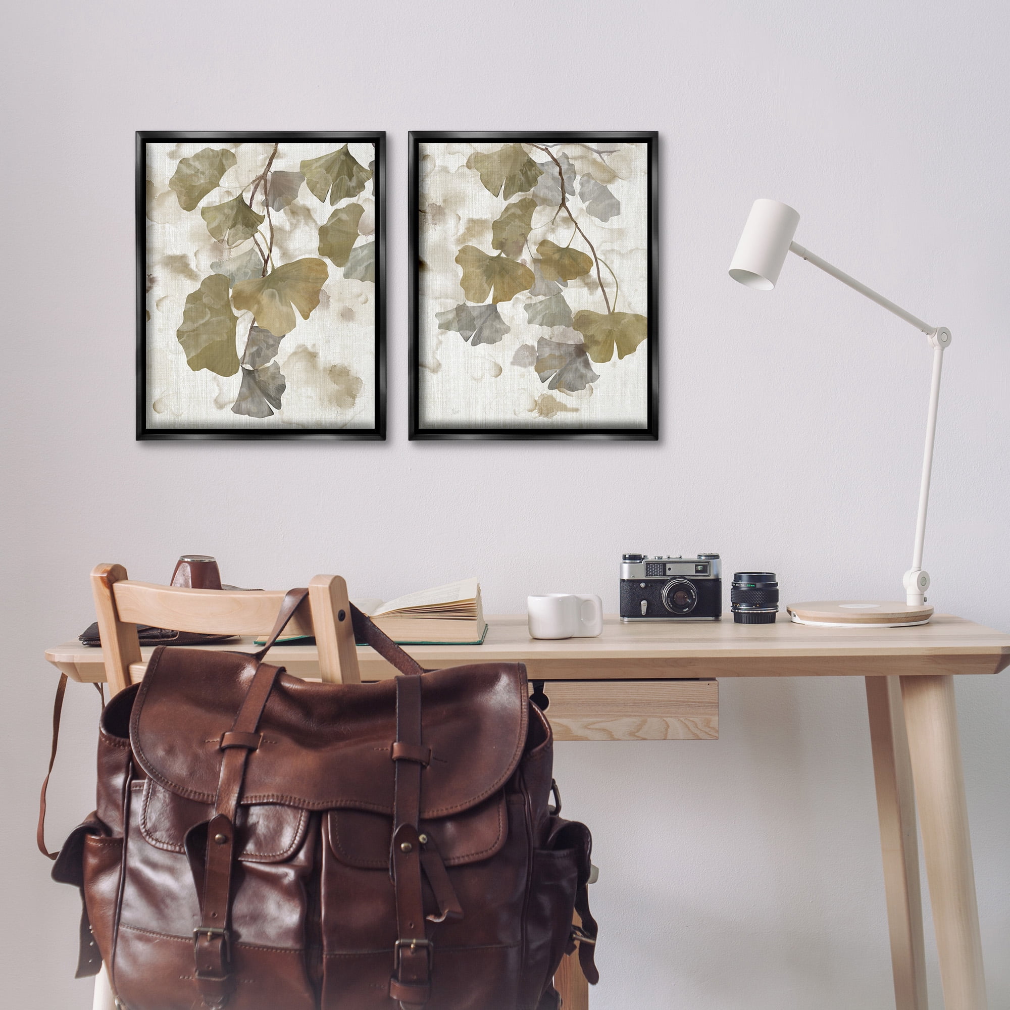 Stupell Industries Rustic Gingko Leaves Botanical & Floral Painting Black Floater Framed Canvas Art Print Wall Art, 17 x 21, Set of 2
